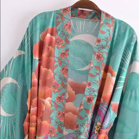 Green Cosmic Galaxy Moon Boho Short Kimono Coverup Robe - Picture 3 of 11